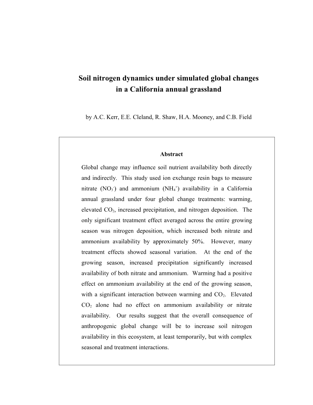 Soil Nitrogen Availability Under Simulated Global Changes In A California Annual Grassland