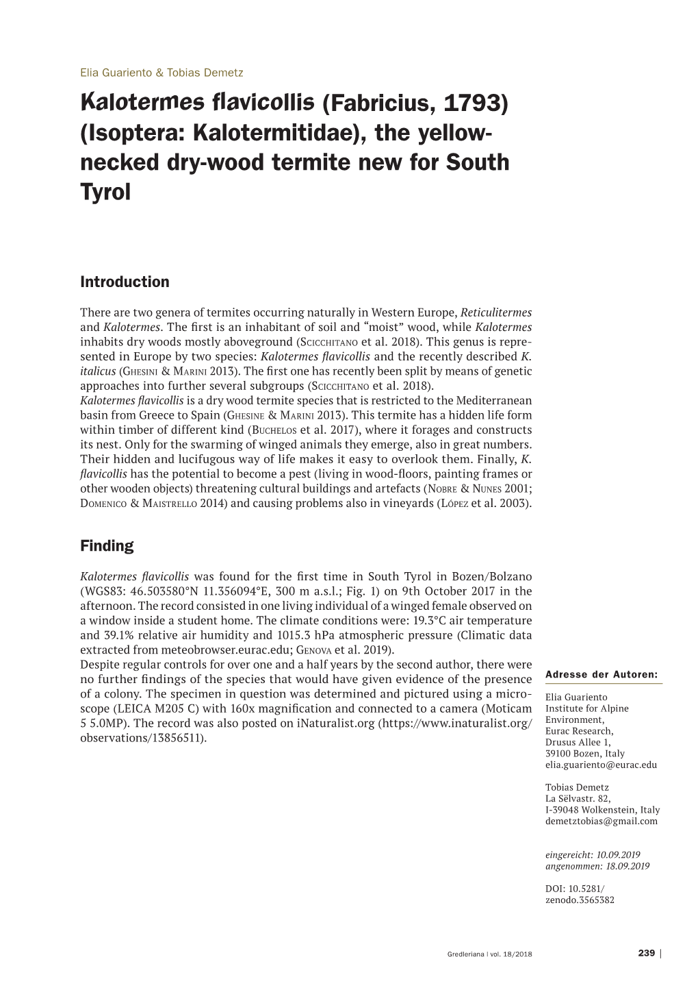 Kalotermes Flavicollis (Fabricius, 1793) (Isoptera: Kalotermitidae), the Yellow- Necked Dry-Wood Termite New for South Tyrol