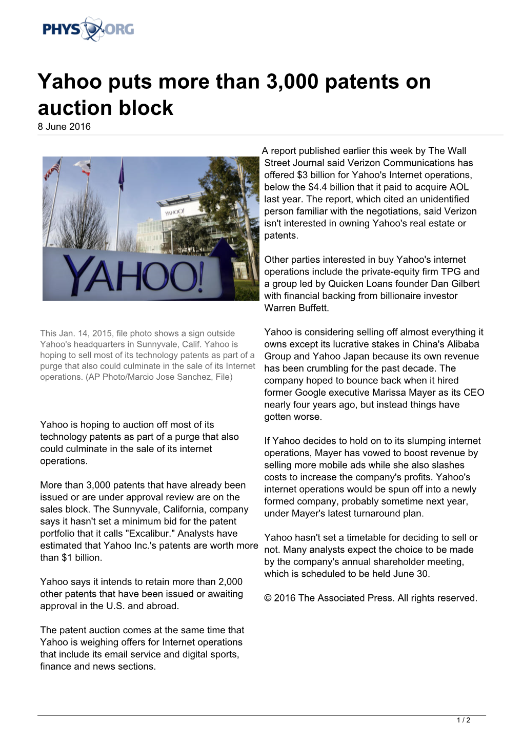 Yahoo Puts More Than 3,000 Patents on Auction Block 8 June 2016