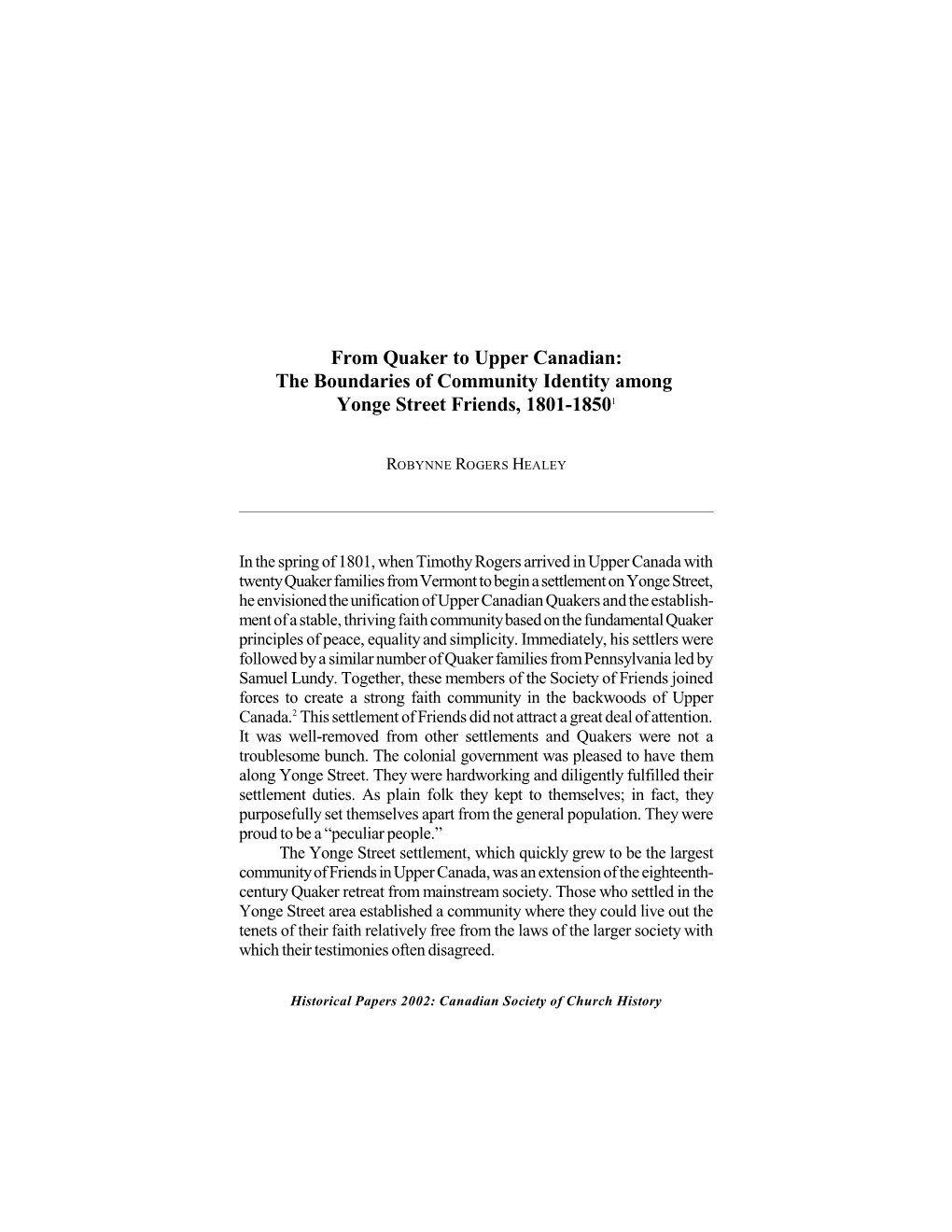 From Quaker to Upper Canadian: the Boundaries of Community Identity Among Yonge Street Friends, 1801-18501