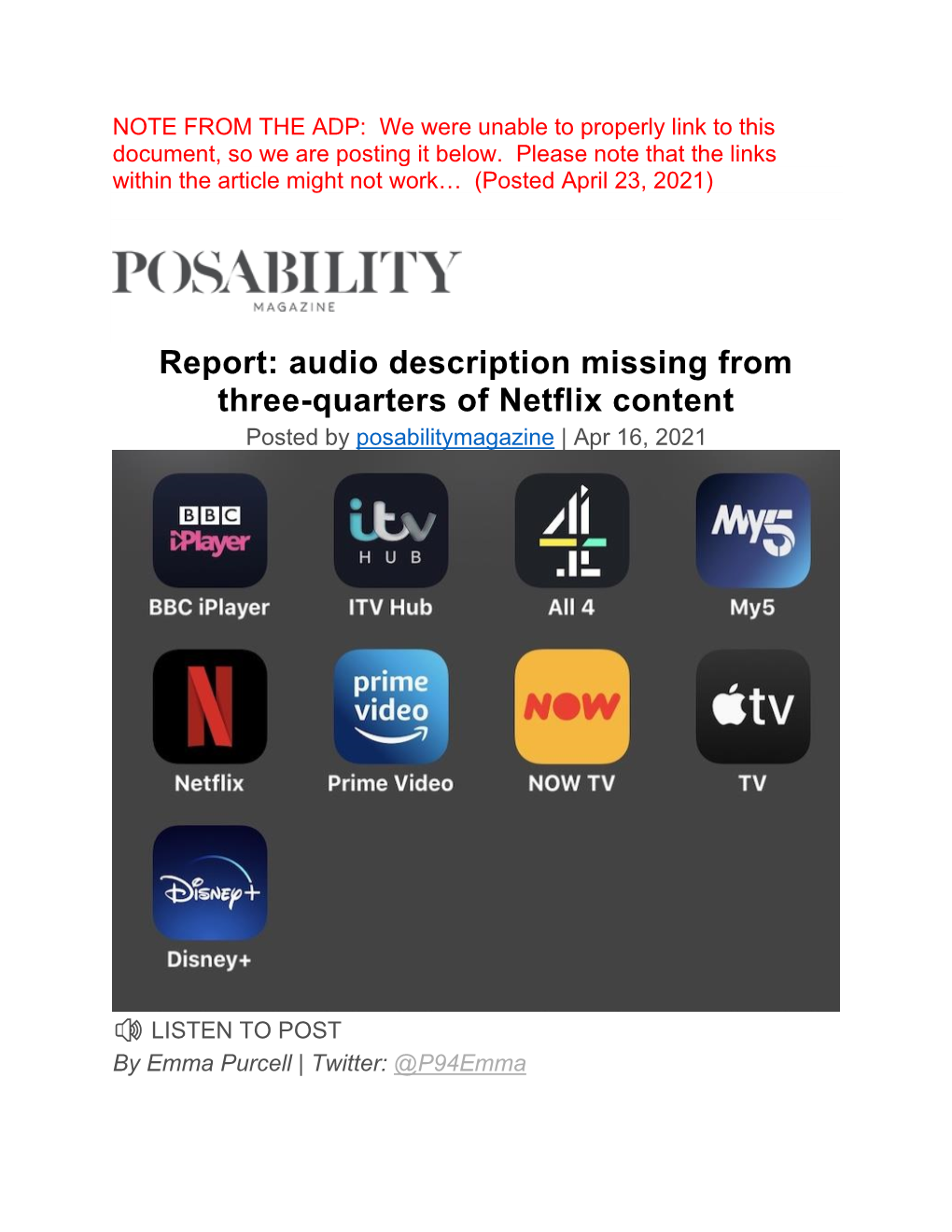 Report: Audio Description Missing from Three-Quarters of Netflix Content Posted by Posabilitymagazine | Apr 16, 2021