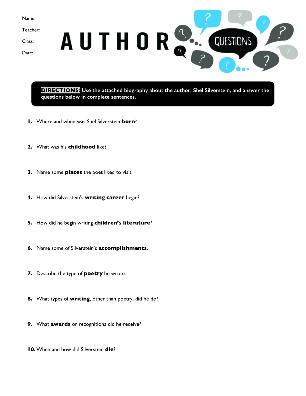 Use the Attached Biography About the Author, Shel Silverstein, and Answer the Questions Below in Complete Sentences