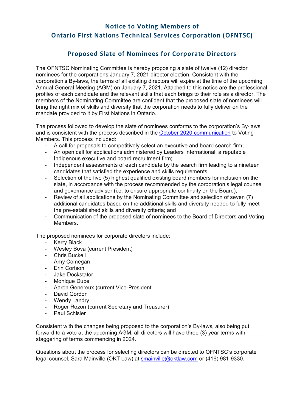 (OFNTSC) Proposed Slate of Nominees for Corpora