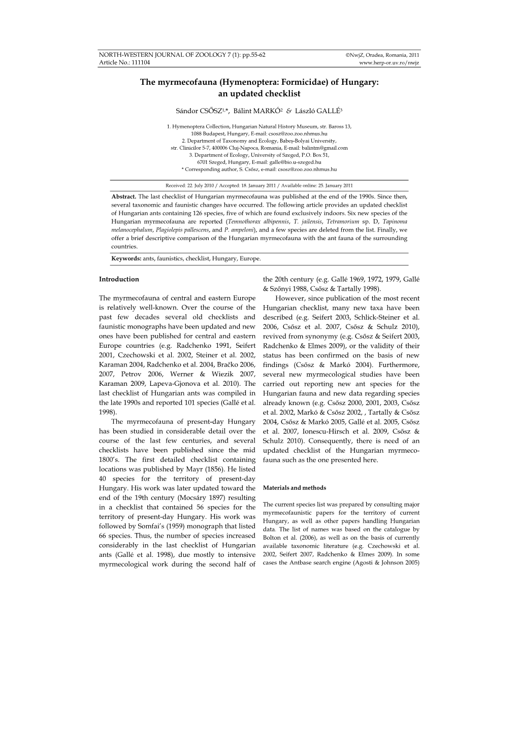 Hymenoptera: Formicidae) of Hungary: an Updated Checklist