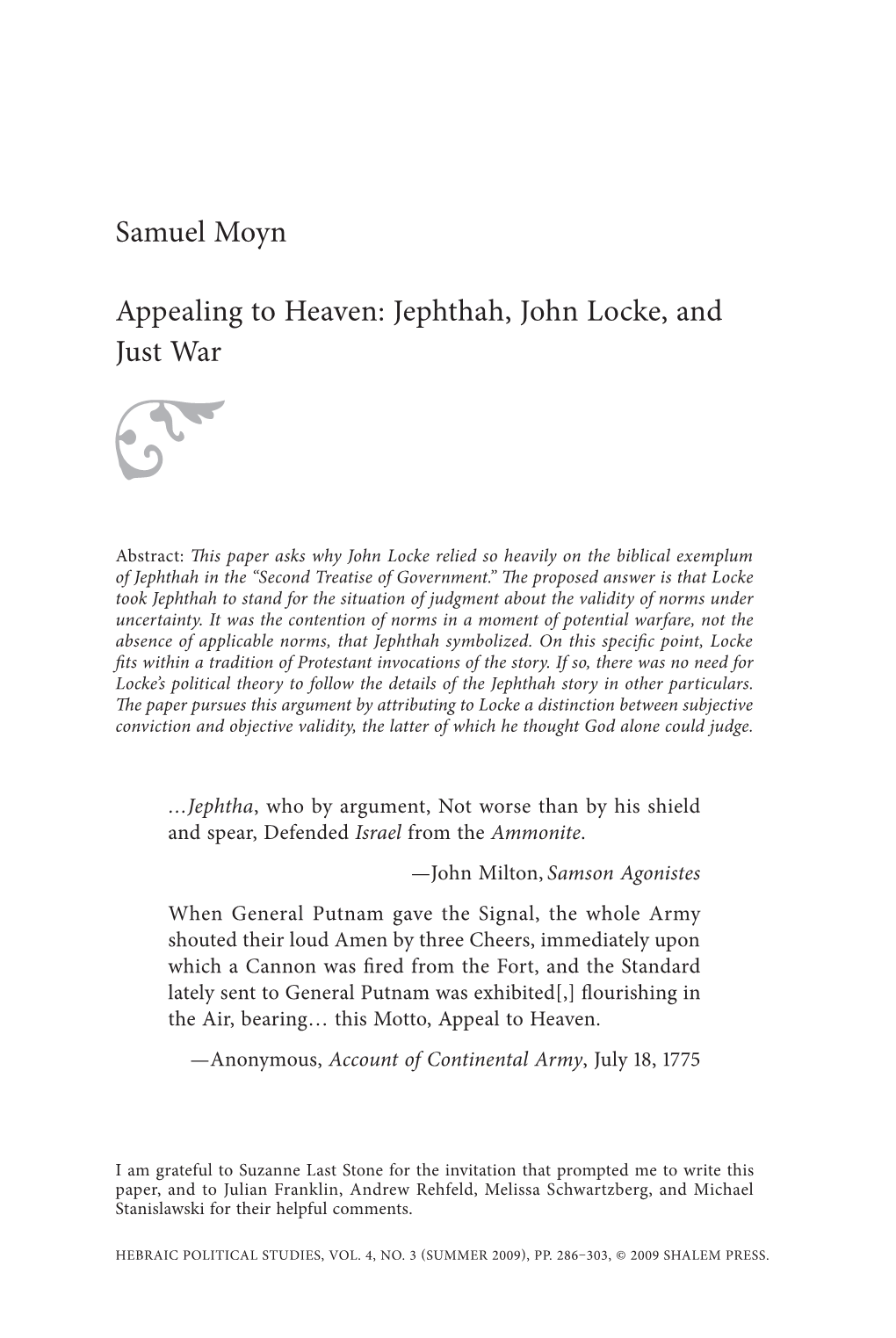 Samuel Moyn Appealing to Heaven: Jephthah, John Locke, and Just