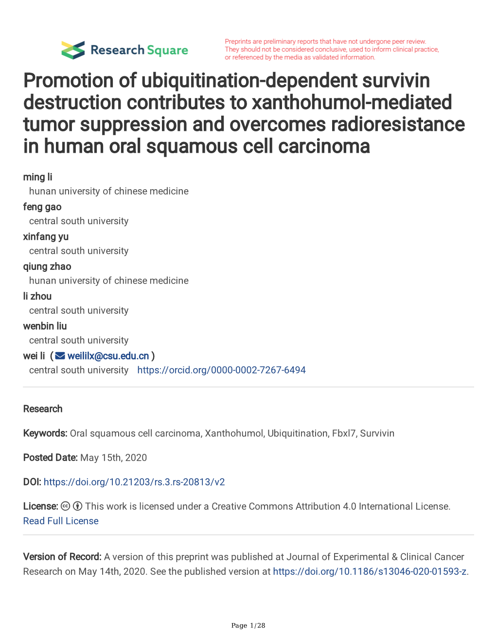 Promotion of Ubiquitination-Dependent Survivin Destruction Contributes to Xanthohumol-Mediated Tumor Suppression and Overcomes R