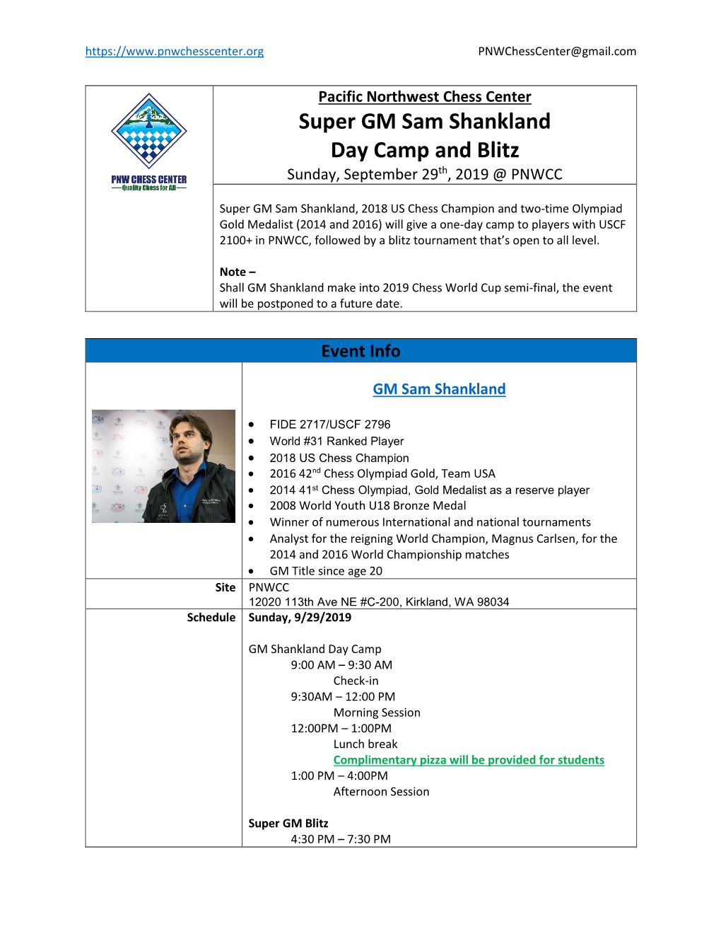 Super GM Sam Shankland Day Camp and Blitz Sunday, September 29Th, 2019 @ PNWCC