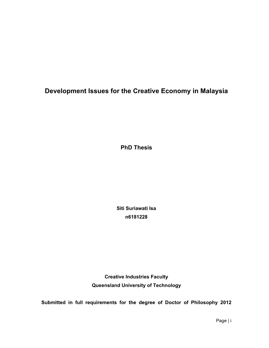 Development Issues for the Creative Economy in Malaysia