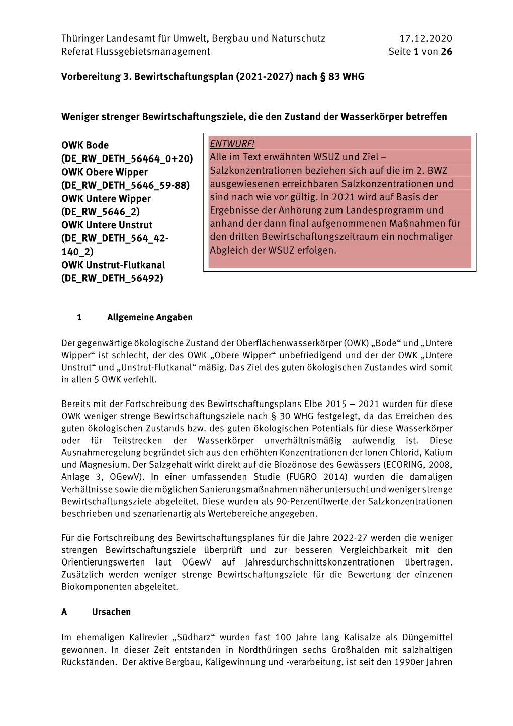 Thüringer Landesamt Für Umwelt, Bergbau Und Naturschutz 17.12.2020 Referat Flussgebietsmanagement Seite 1 Von 26