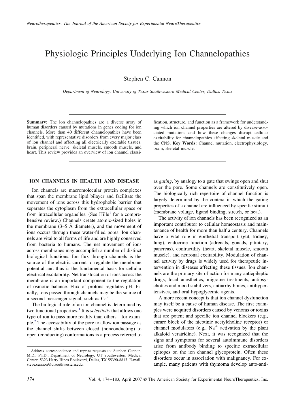 Physiologic Principles Underlying Ion Channelopathies