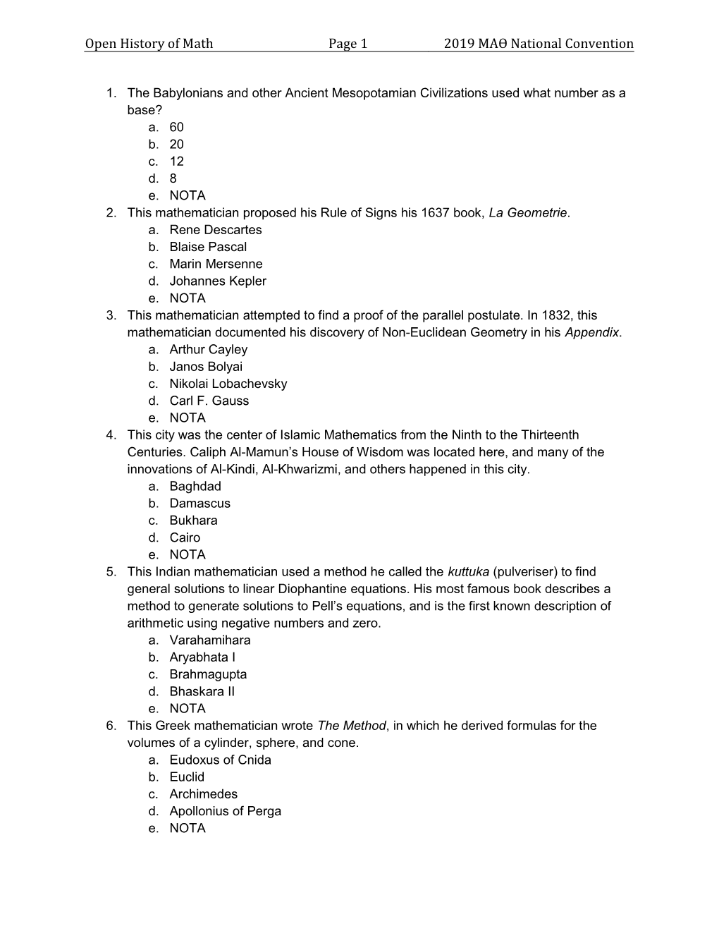 Open History of Math Page 1 2019 МАϴ National Convention