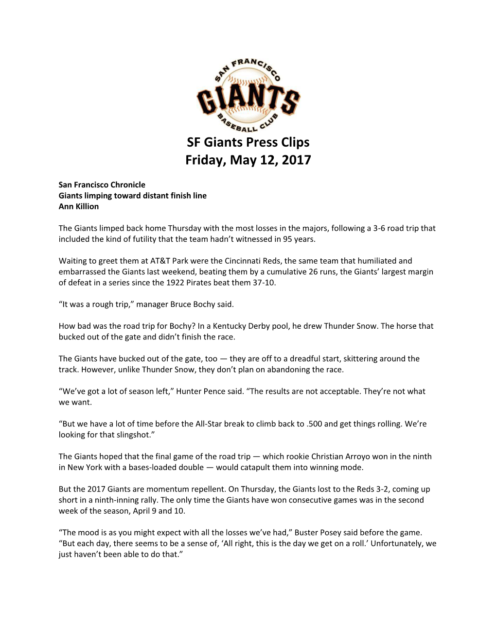 SF Giants Press Clips Friday, May 12, 2017
