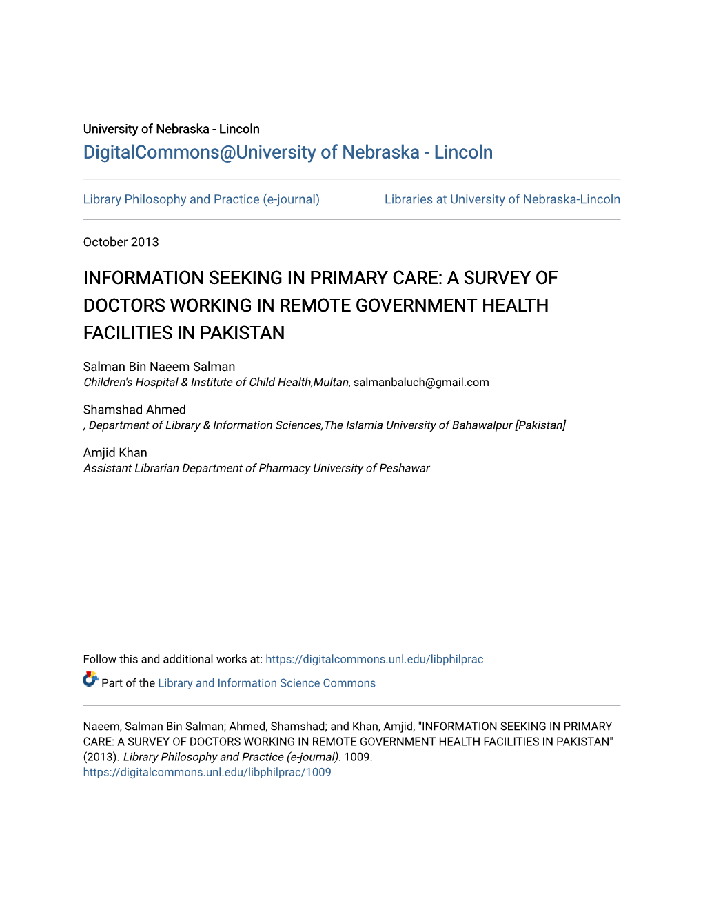 Information Seeking in Primary Care: a Survey of Doctors Working in Remote Government Health Facilities in Pakistan