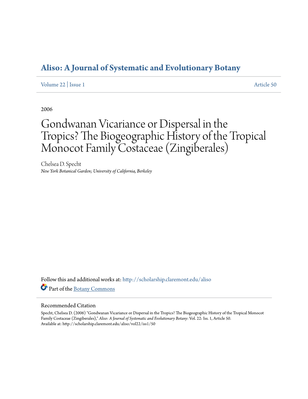 The Biogeographic History of the Tropical Monocot Family Costaceae (Zingiberales)