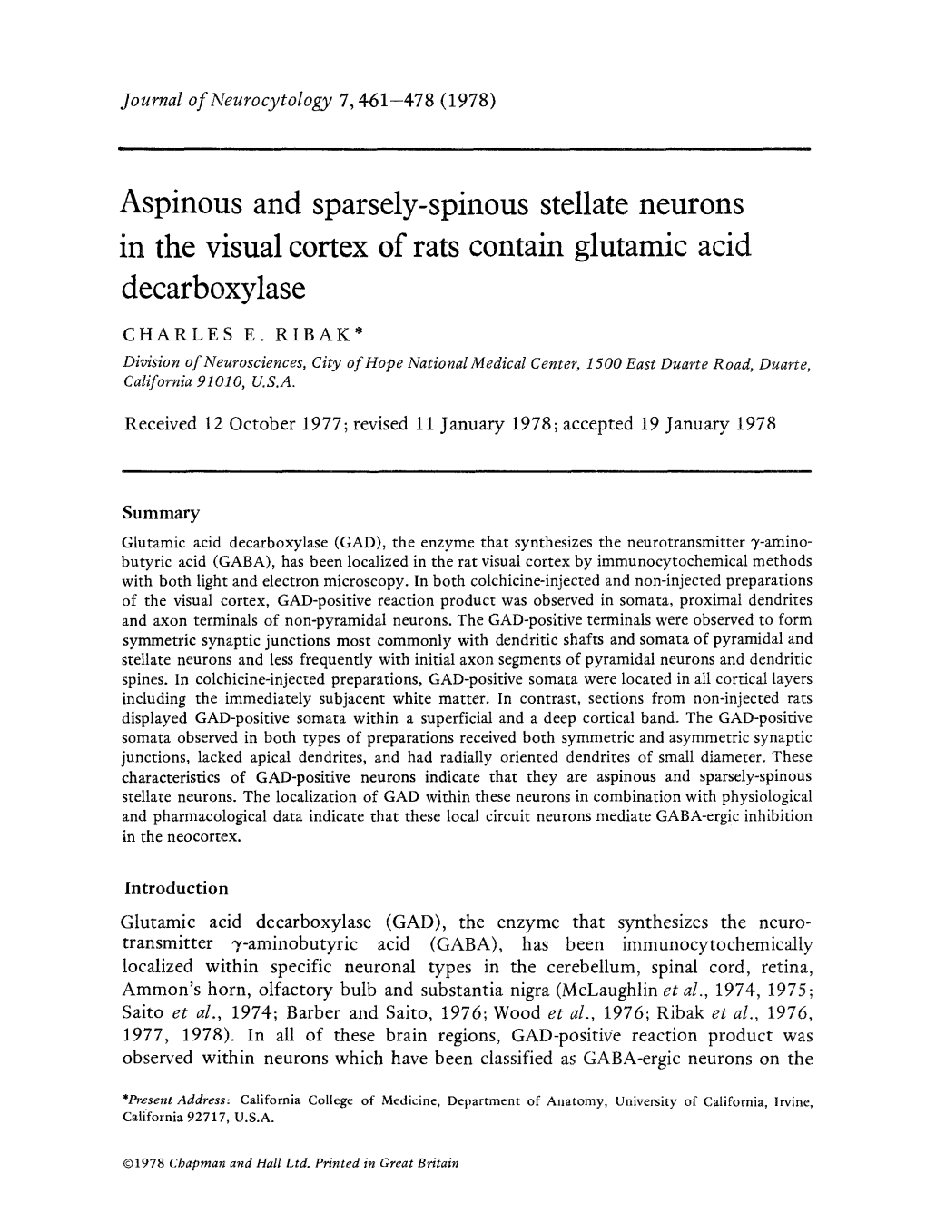 Aspinous and Sparsely-Spinous Stellate Neurons in the Visual Cortex of Rats Contain Glutamic Acid Decarboxylase