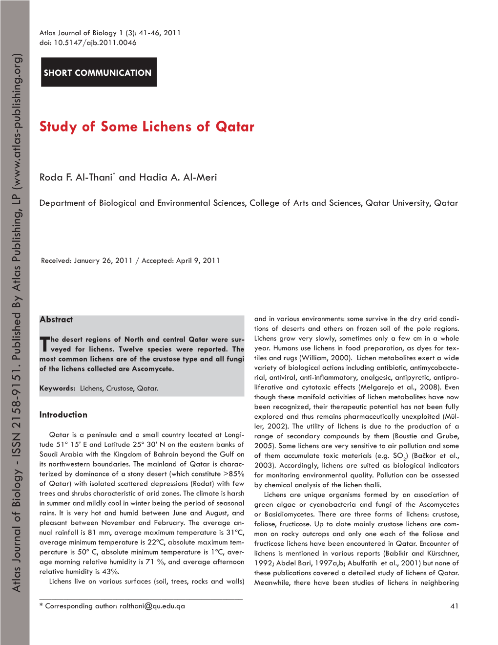 Study of Some Lichens of Qatar