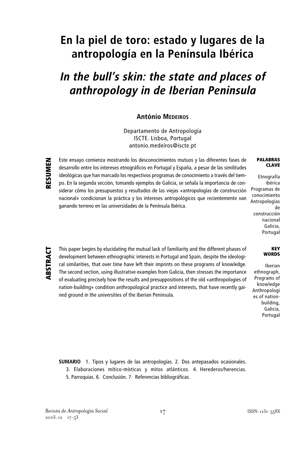 En La Piel De Toro: Estado Y Lugares De La Antropología En La Península Ibérica in the Bull's Skin: the State and Places Of