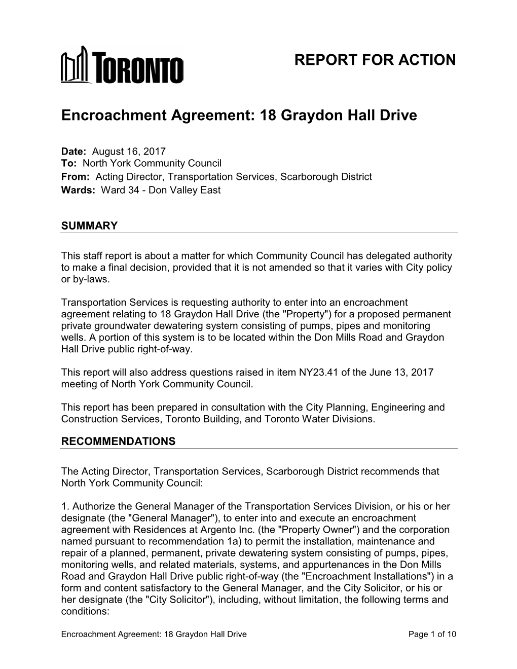 Encroachment Agreement: 18 Graydon Hall Drive