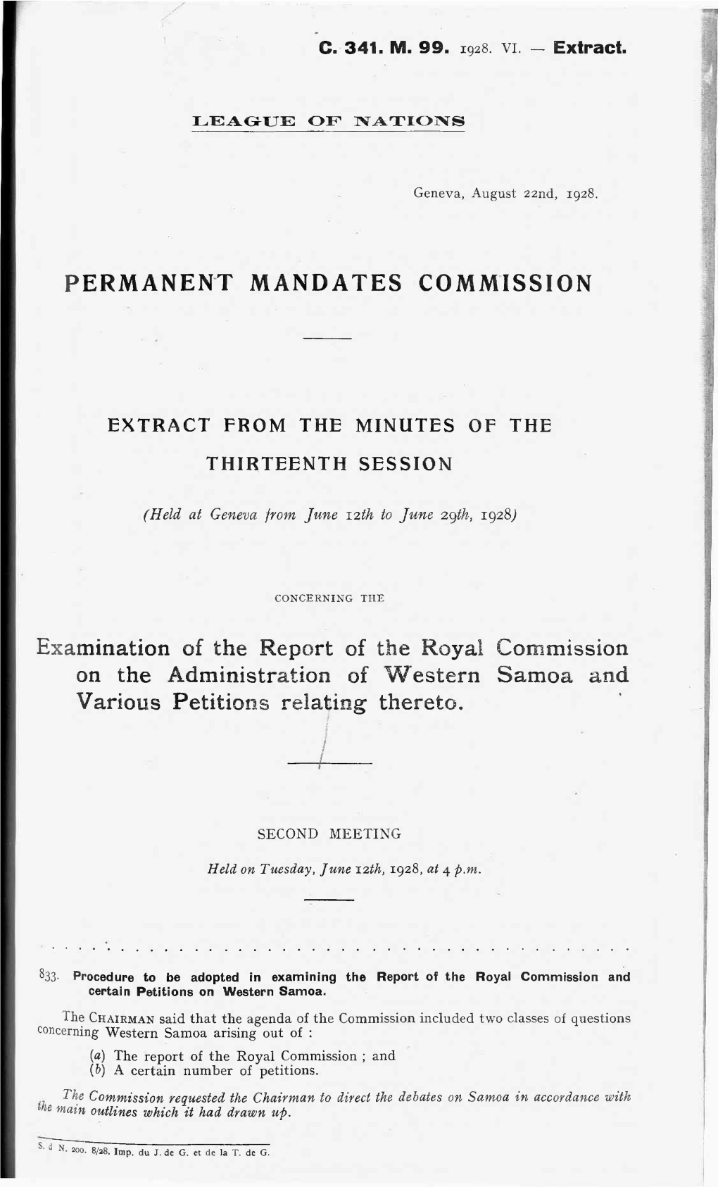 Examination of the Report of the Royal Commission on the Administration of Western Samoa and Various Petitions Relating Thereto