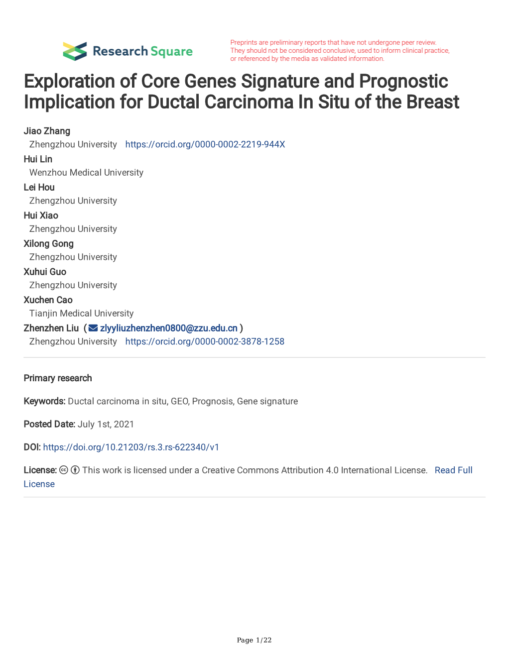 Exploration of Core Genes Signature and Prognostic Implication for Ductal Carcinoma in Situ of the Breast