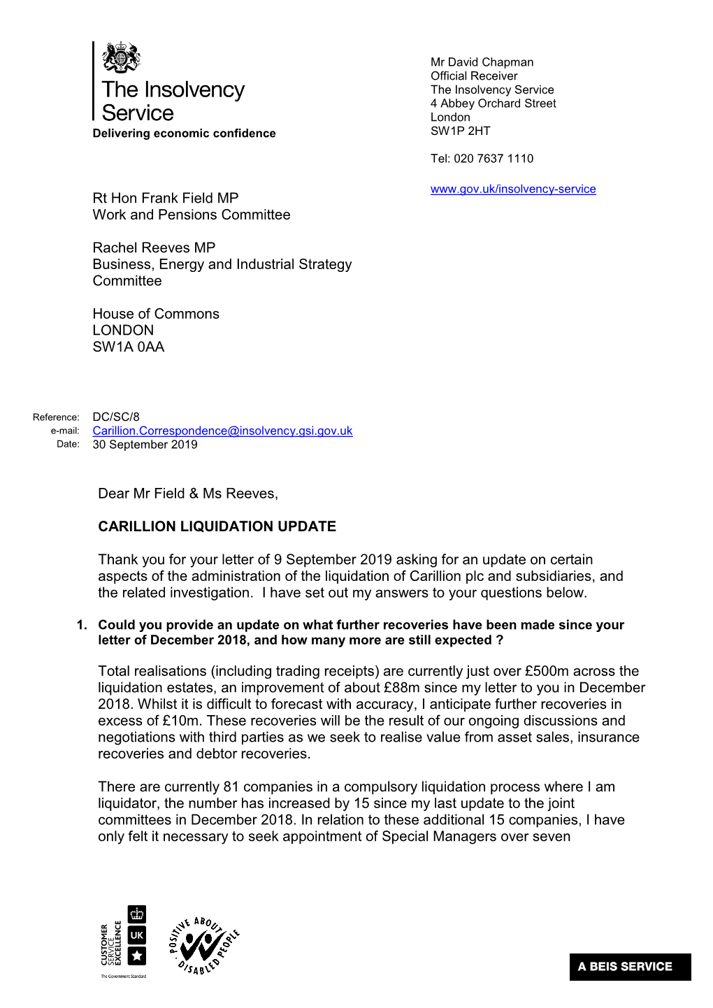 Letter from Official Receiver, the Insolvency Service, Re Carillion