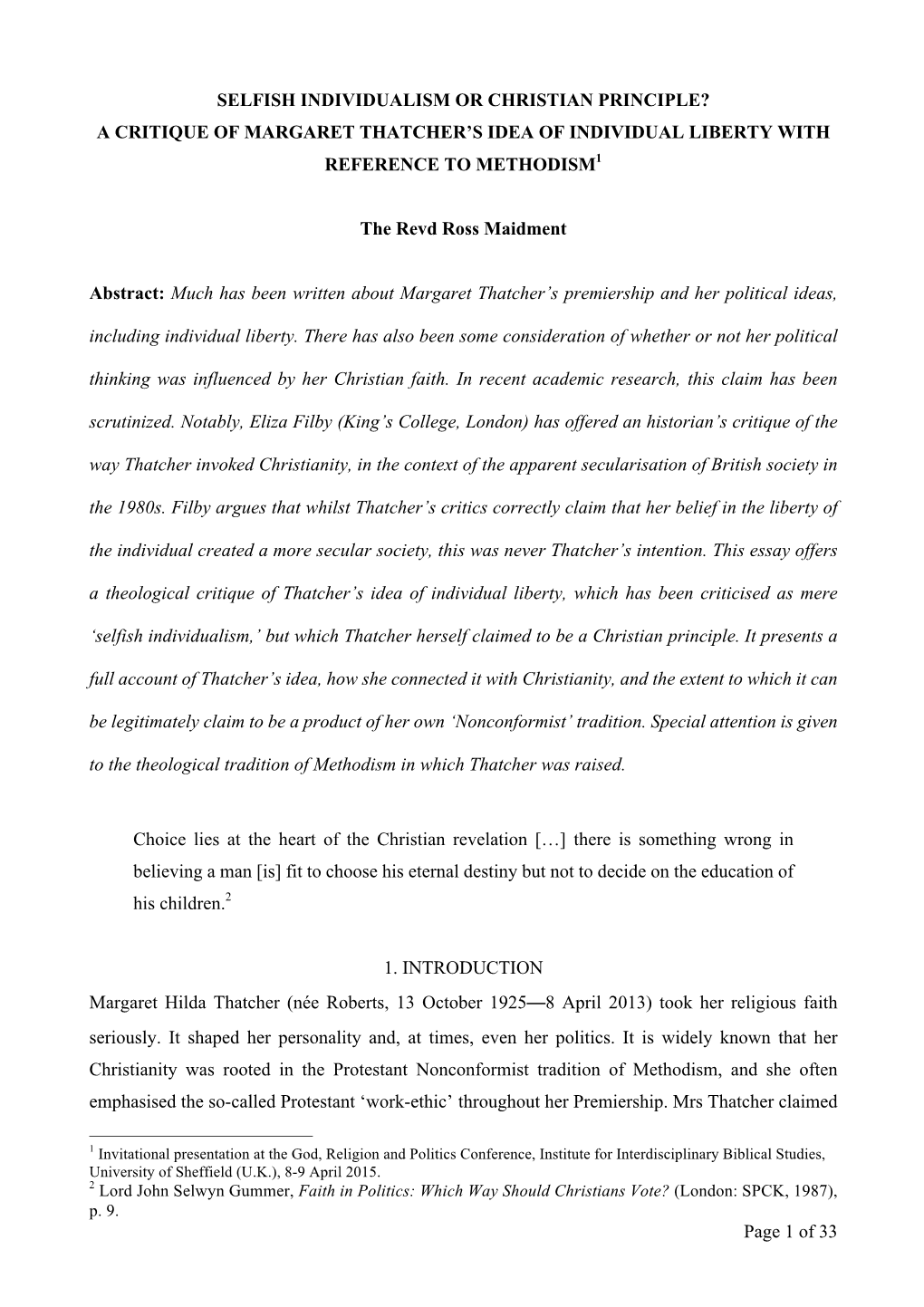 Selfish Individualism Or Christian Principle? a Critique of Margaret Thatcher’S Idea of Individual Liberty with Reference to Methodism1