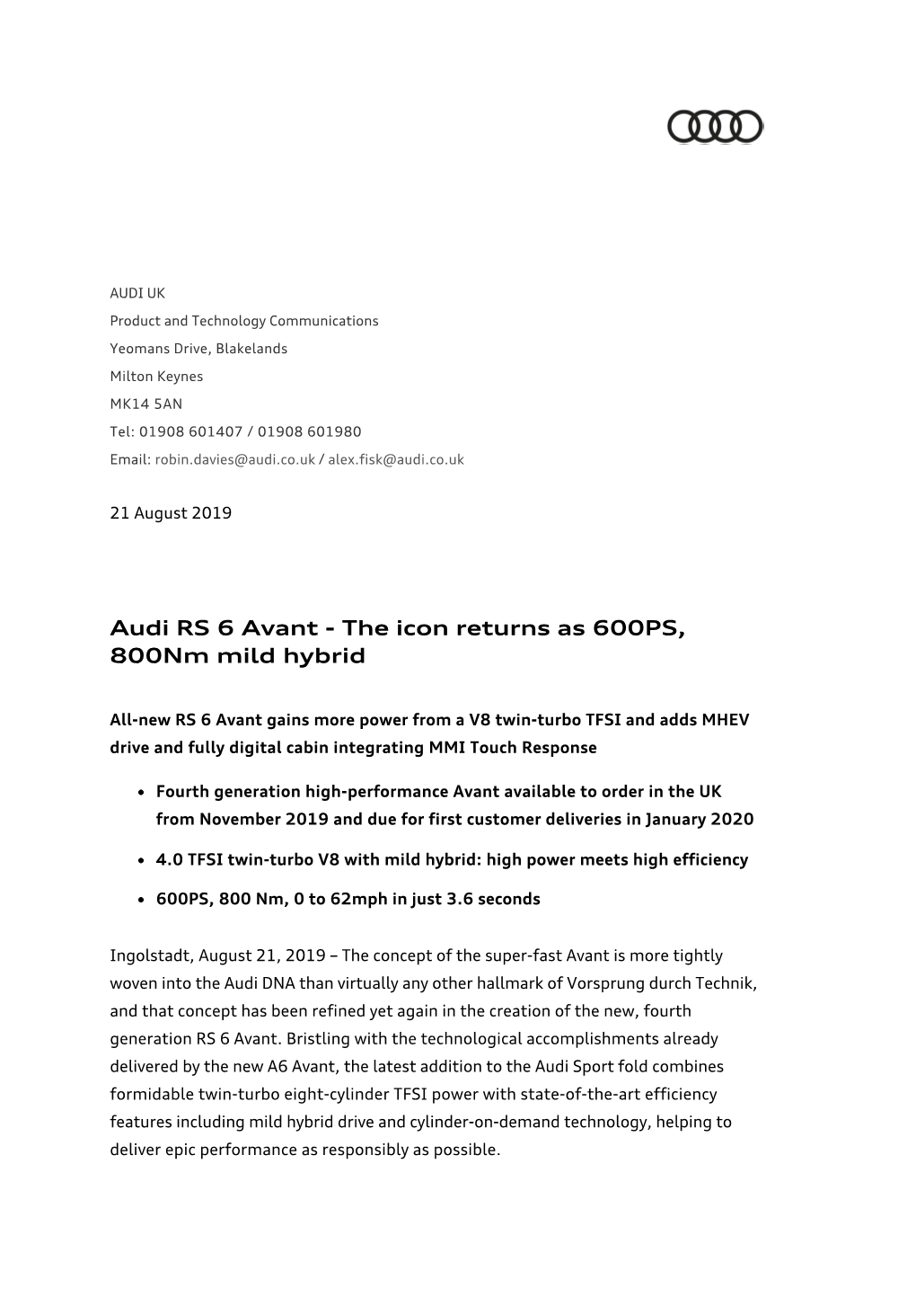 Audi RS 6 Avant - the Icon Returns As 600PS, 800Nm Mild Hybrid