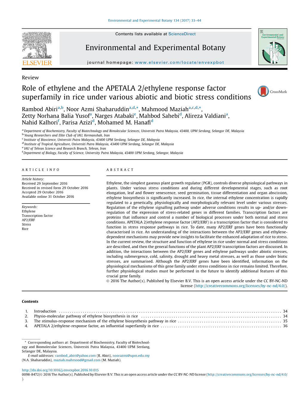 Role of Ethylene and the APETALA 2/Ethylene Response Factor