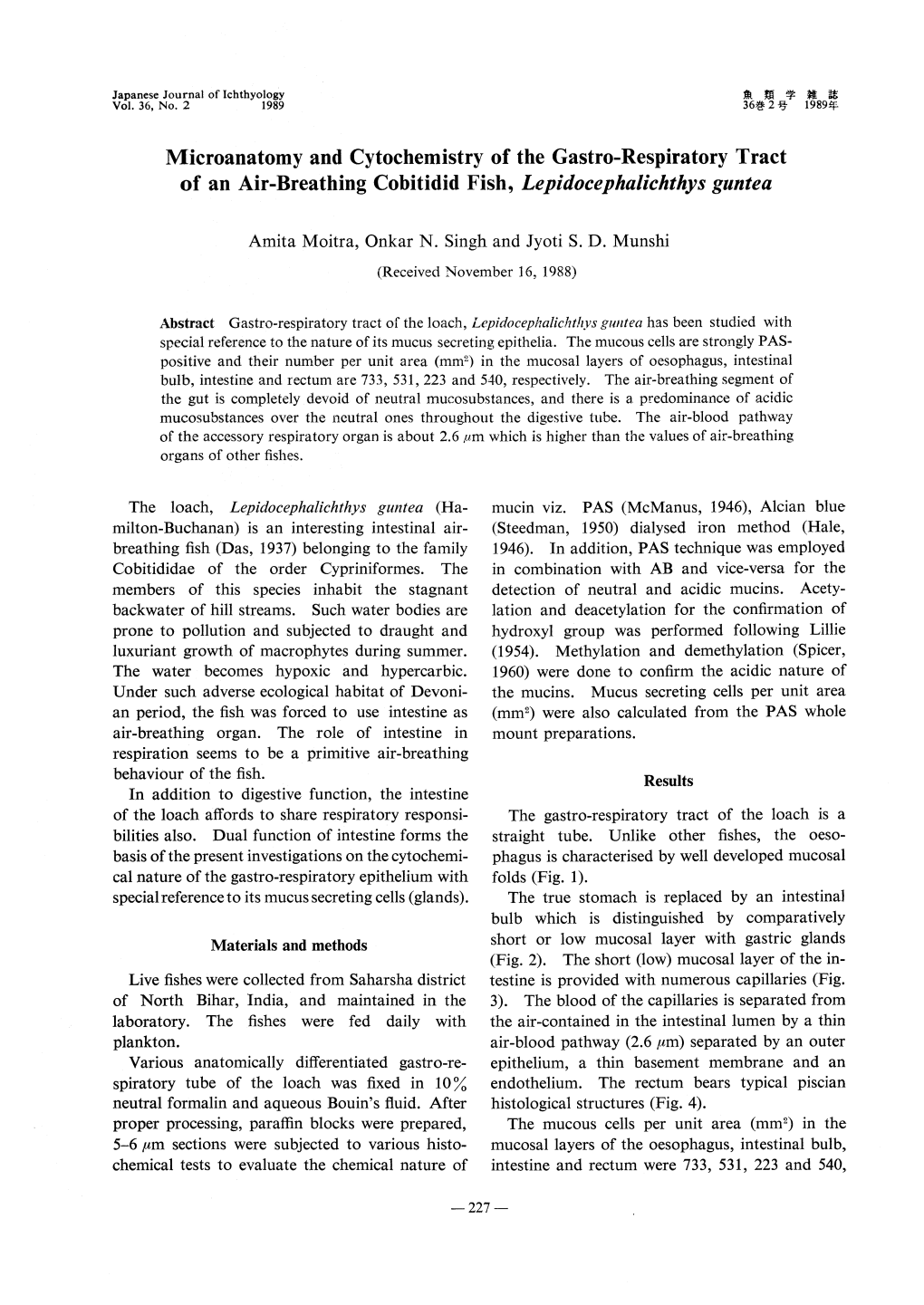 Microanatomy and Cytochemistry of the Gastro-Respiratory Tract of an Air-Breathing Cobitidid Fish, Lepidocephalichthys Guntea