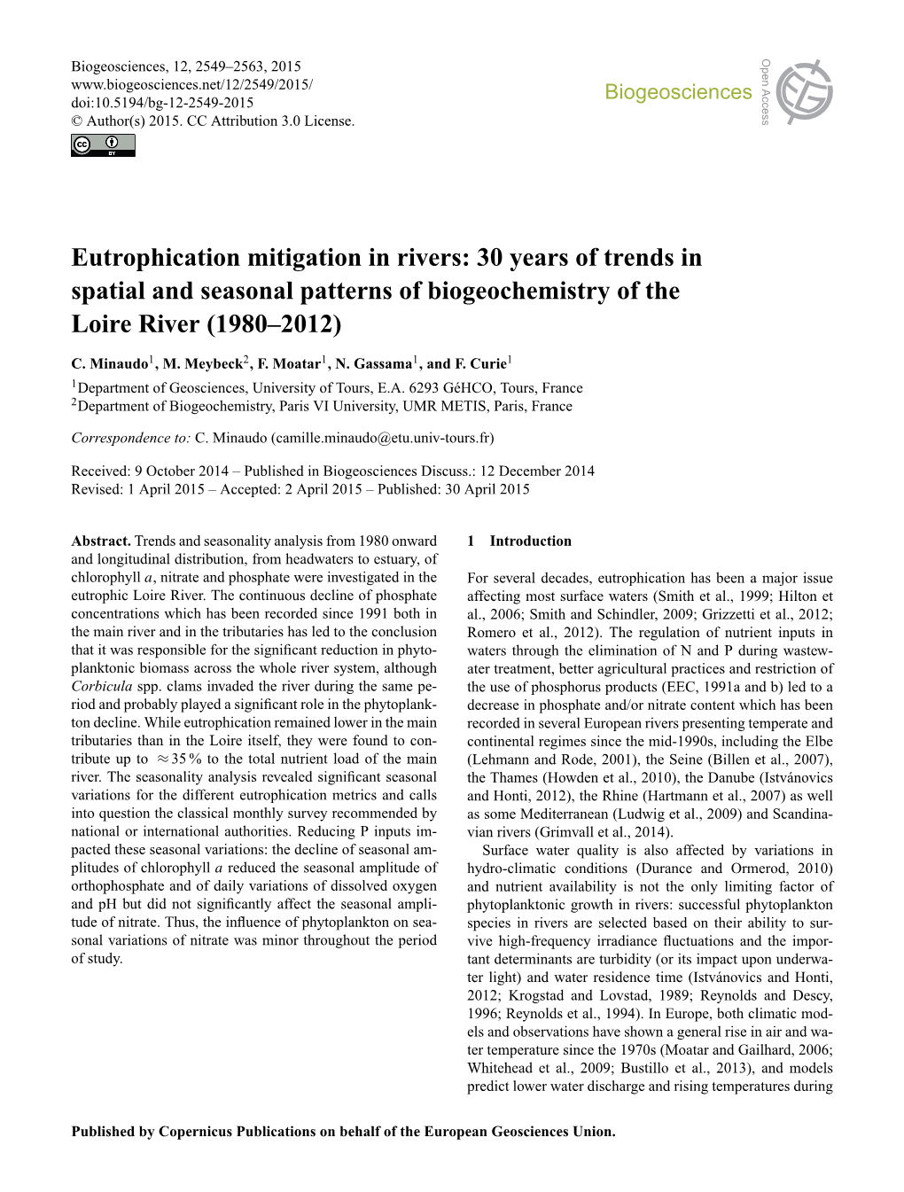 Eutrophication Mitigation in Rivers: 30 Years of Trends in Spatial and Seasonal Patterns of Biogeochemistry of the Loire River (1980–2012)