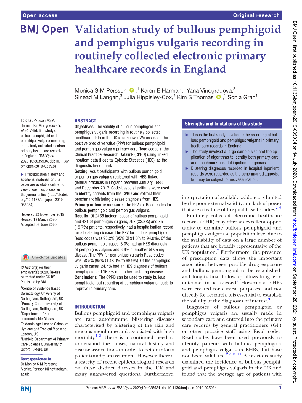 Validation Study of Bullous Pemphigoid and Pemphigus Vulgaris Recording in Routinely Collected Electronic Primary Healthcare Records in England