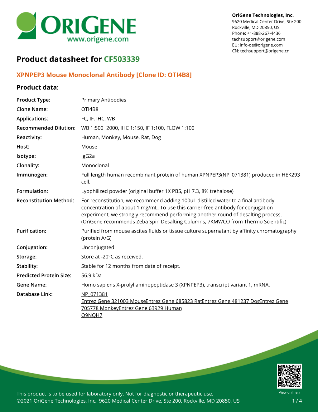 XPNPEP3 Mouse Monoclonal Antibody [Clone ID: OTI4B8] Product Data