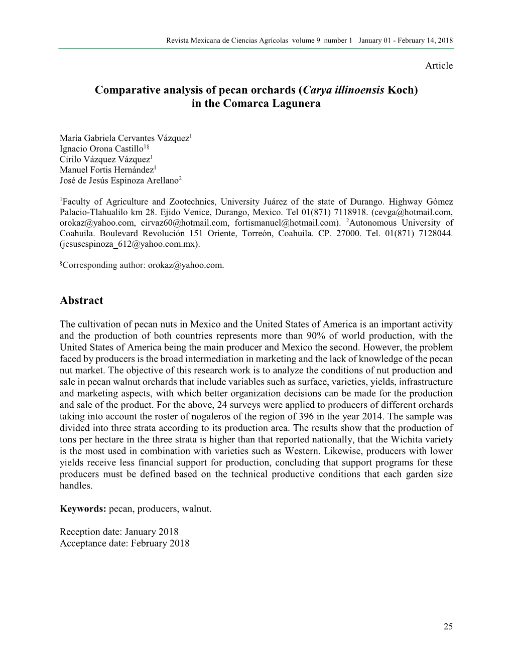 Comparative Analysis of Pecan Orchards (Carya Illinoensis Koch) in the Comarca Lagunera