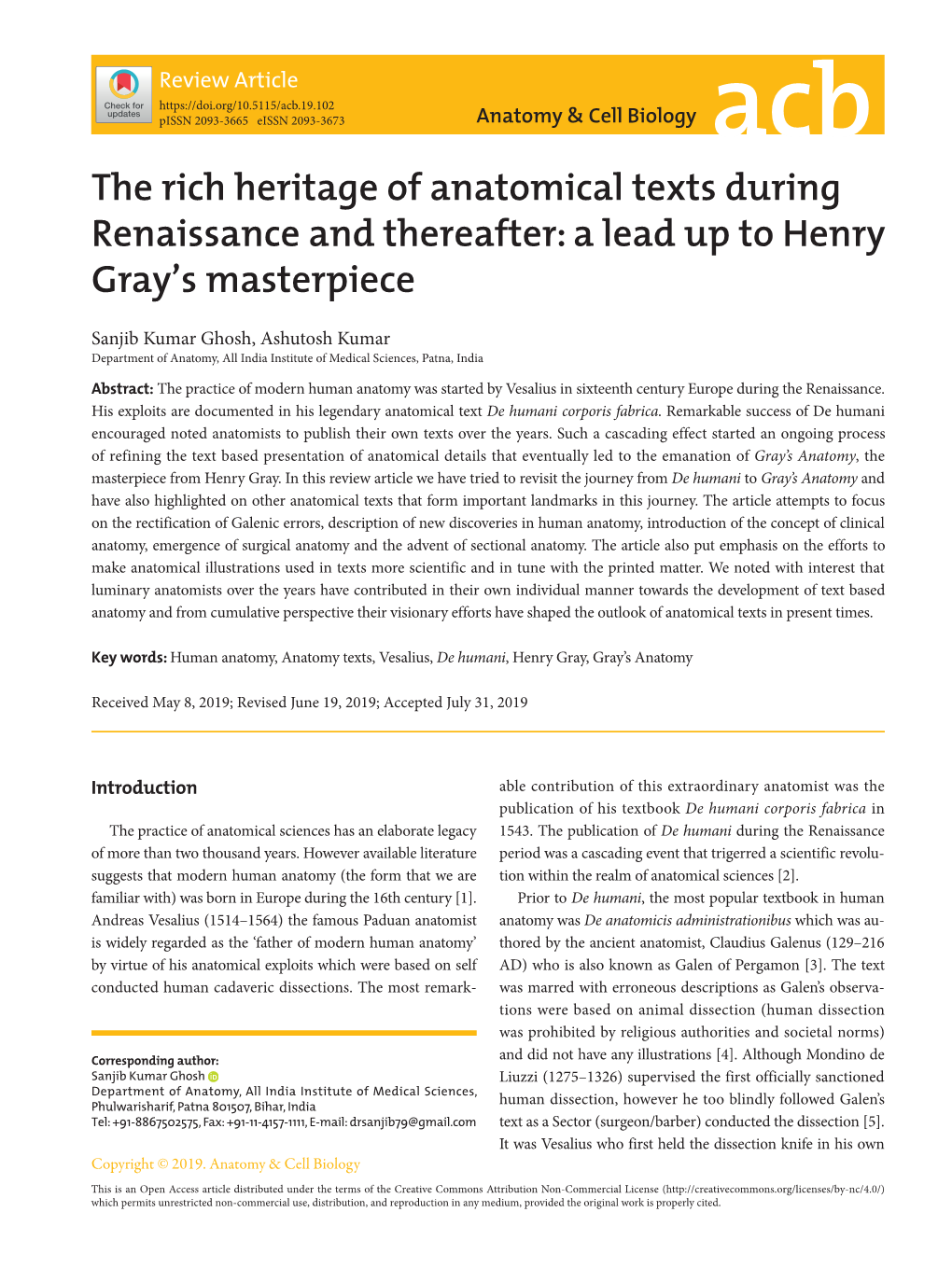 The Rich Heritage of Anatomical Texts During Renaissance and Thereafter: a Lead up to Henry Gray's Masterpiece