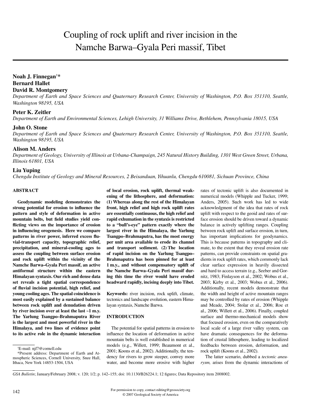 Coupling of Rock Uplift and River Incision in the Namche Barwa–Gyala Peri Massif, Tibet