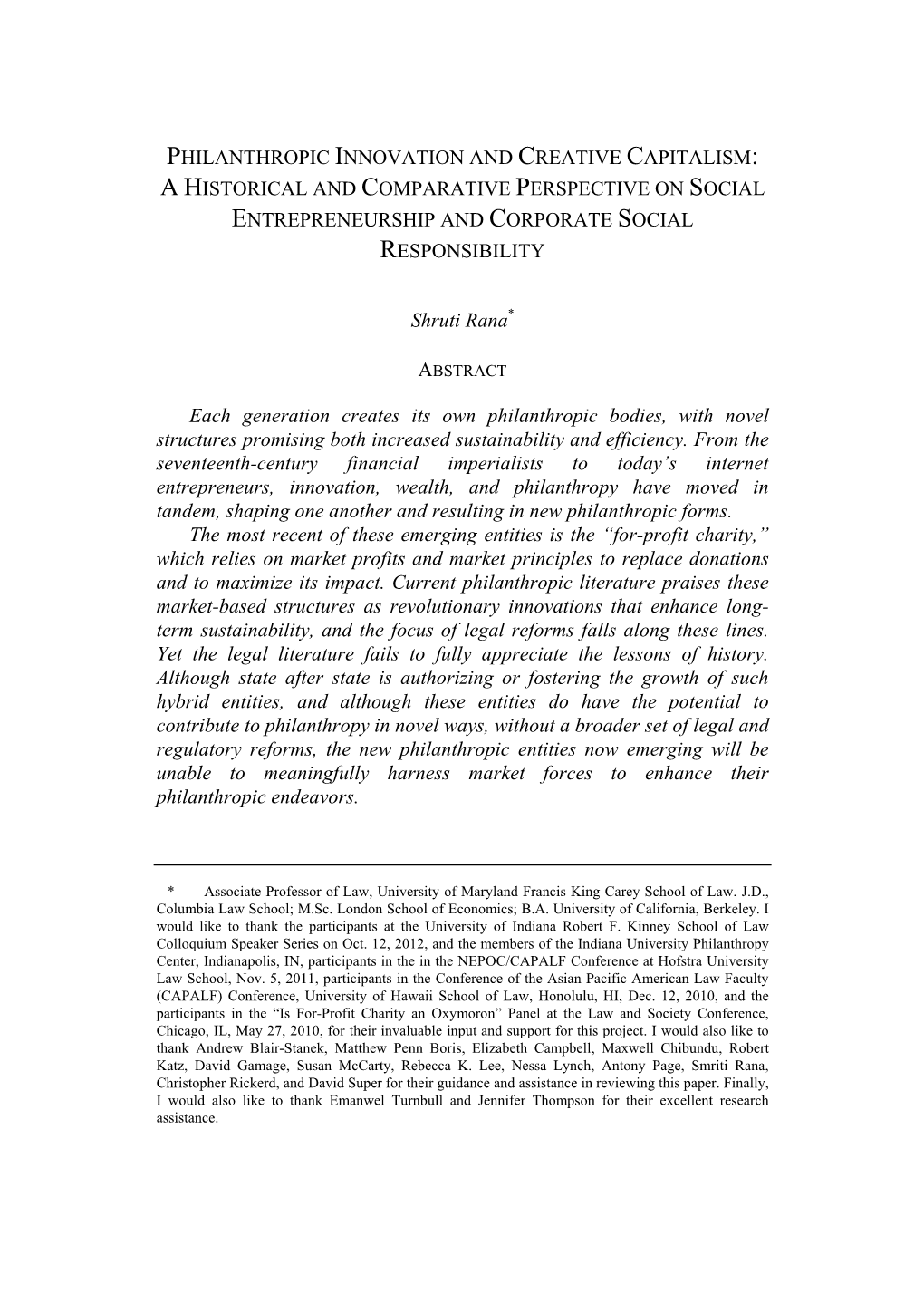 Philanthropic Innovation and Creative Capitalism: a Historical and Comparative Perspective on Social Entrepreneurship and Corporate Social Responsibility