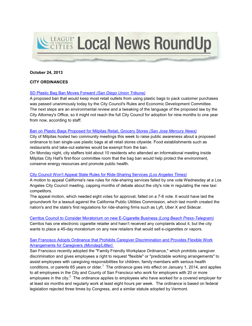 October 24, 2013 CITY ORDINANCES SD Plastic Bag Ban Moves Forward