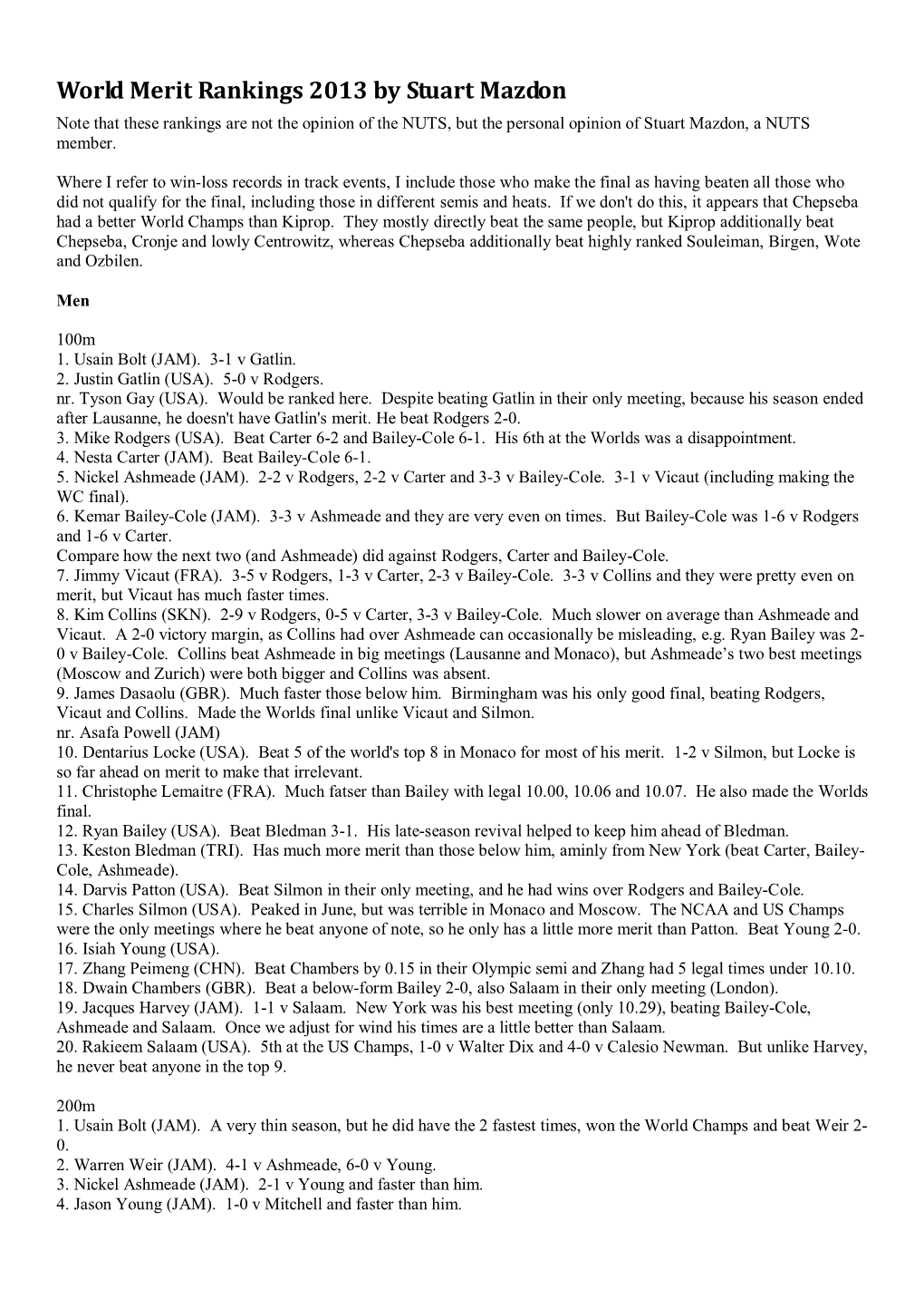 World Merit Rankings 2013 by Stuart Mazdon Note That These Rankings Are Not the Opinion of the NUTS, but the Personal Opinion of Stuart Mazdon, a NUTS Member