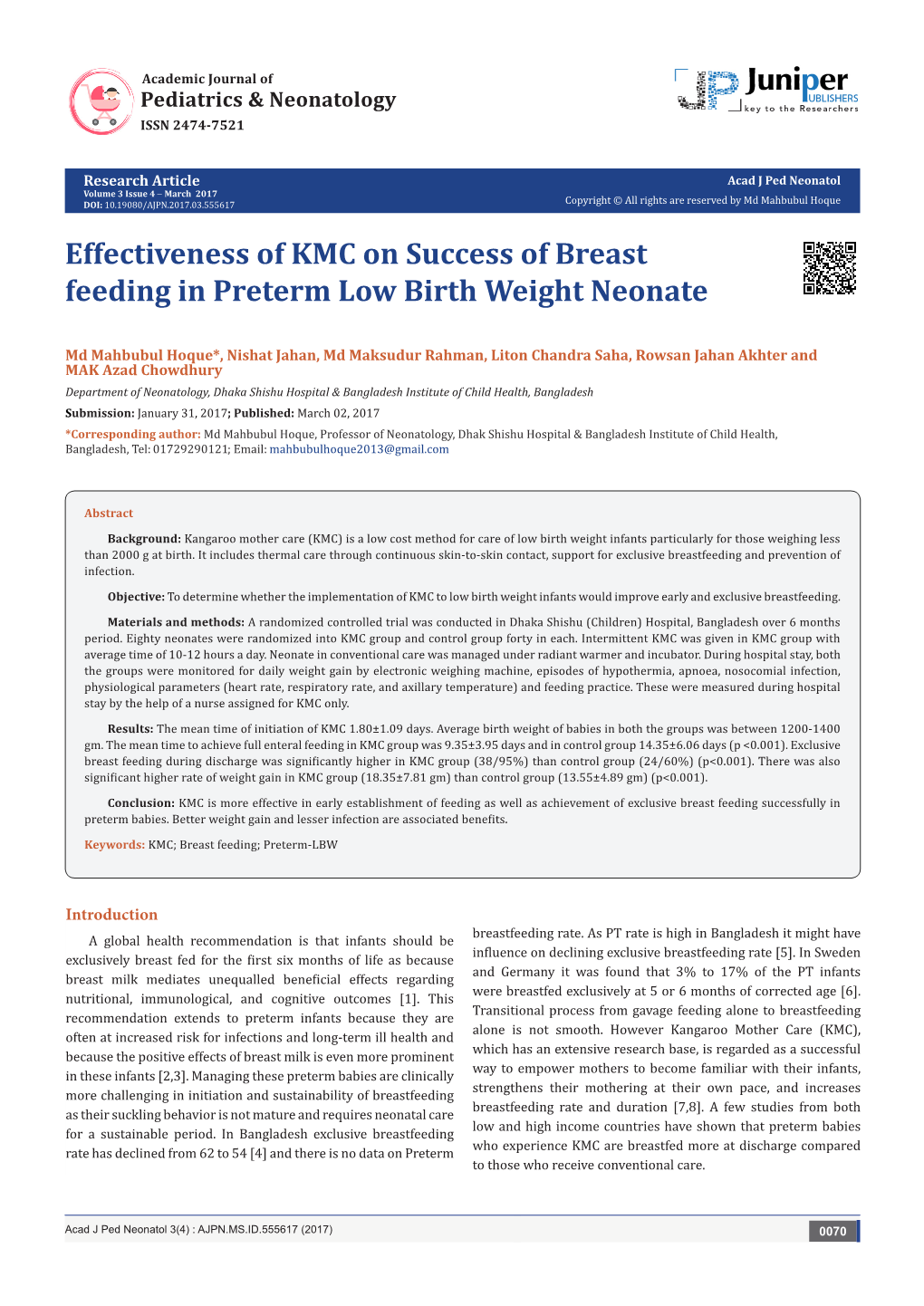Effectiveness of KMC on Success of Breast Feeding in Preterm Low Birth Weight Neonate