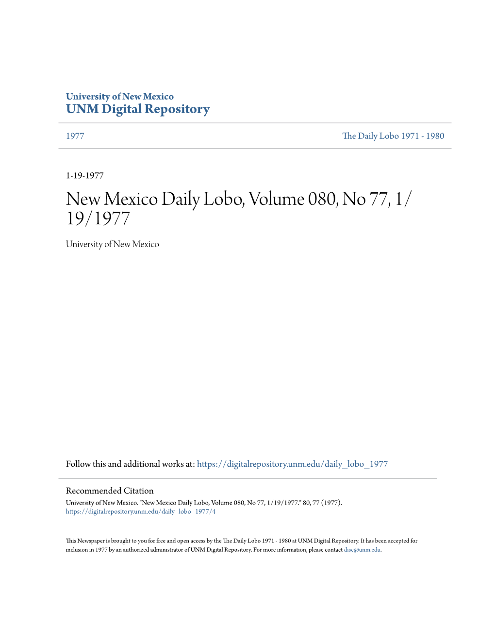New Mexico Daily Lobo, Volume 080, No 77, 1/19/1977." 80, 77 (1977)