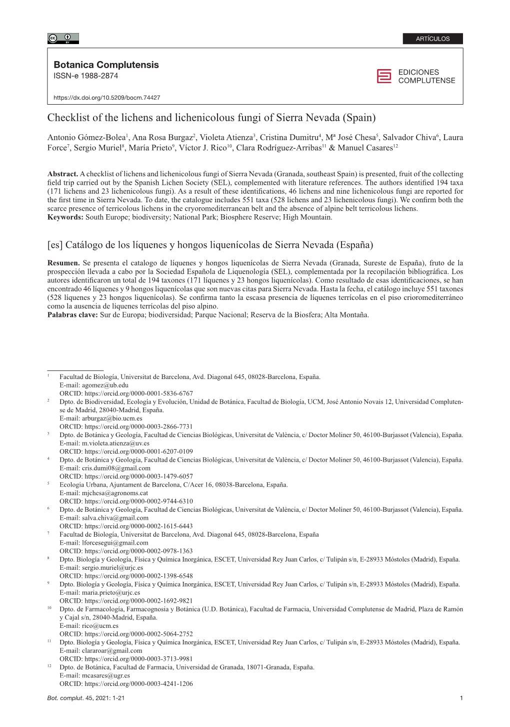 Checklist of the Lichens and Lichenicolous Fungi of Sierra Nevada (Spain)