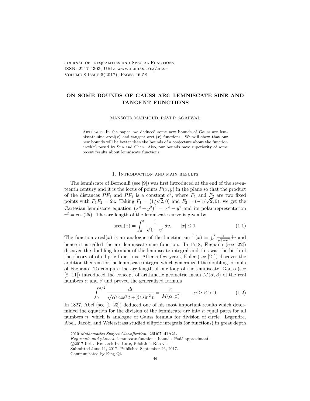 On Some Bounds of Gauss Arc Lemniscate Sine and Tangent Functions