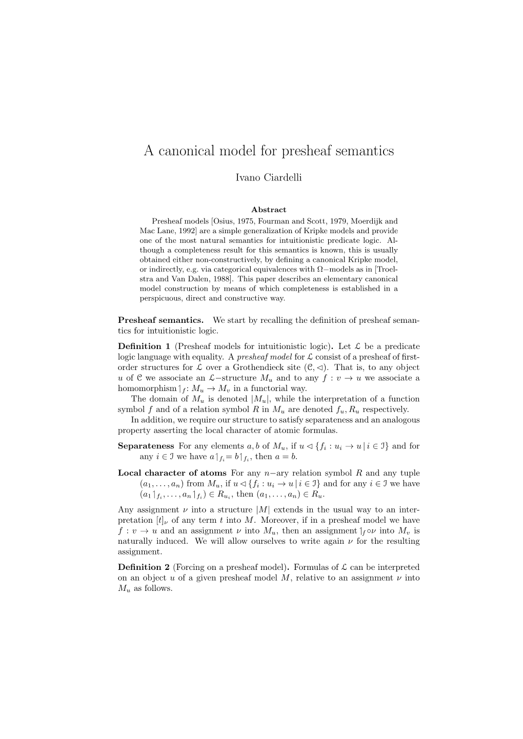 A Canonical Model for Presheaf Semantics
