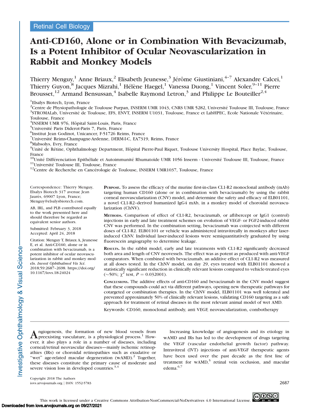 Anti-CD160, Alone Or in Combination with Bevacizumab, Is a Potent Inhibitor of Ocular Neovascularization in Rabbit and Monkey Models
