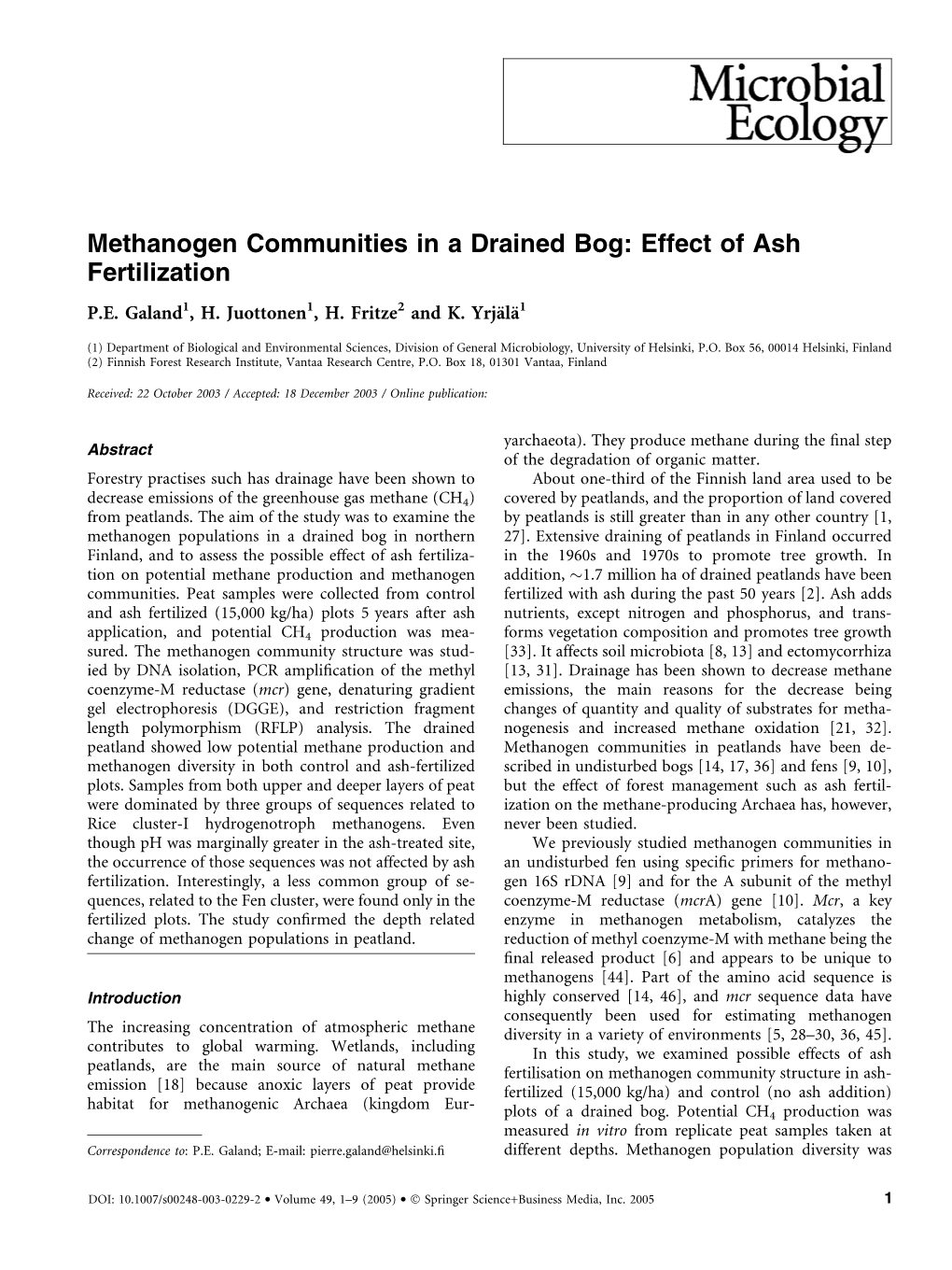 Methanogen Communities in a Drained Bog: Effect of Ash Fertilization P.E