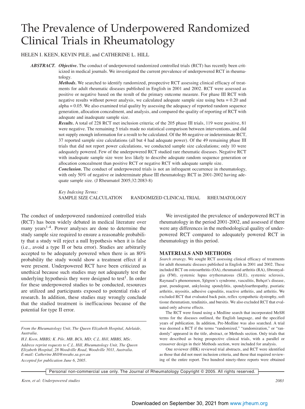 The Prevalence of Underpowered Randomized Clinical Trials in Rheumatology HELEN I