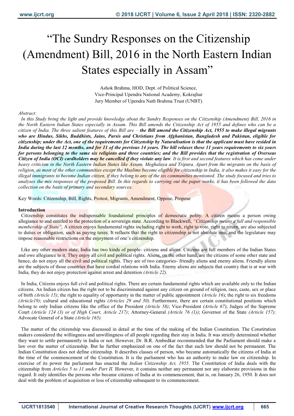 The Sundry Responses on the Citizenship (Amendment) Bill, 2016 in the North Eastern Indian States Especially in Assam”