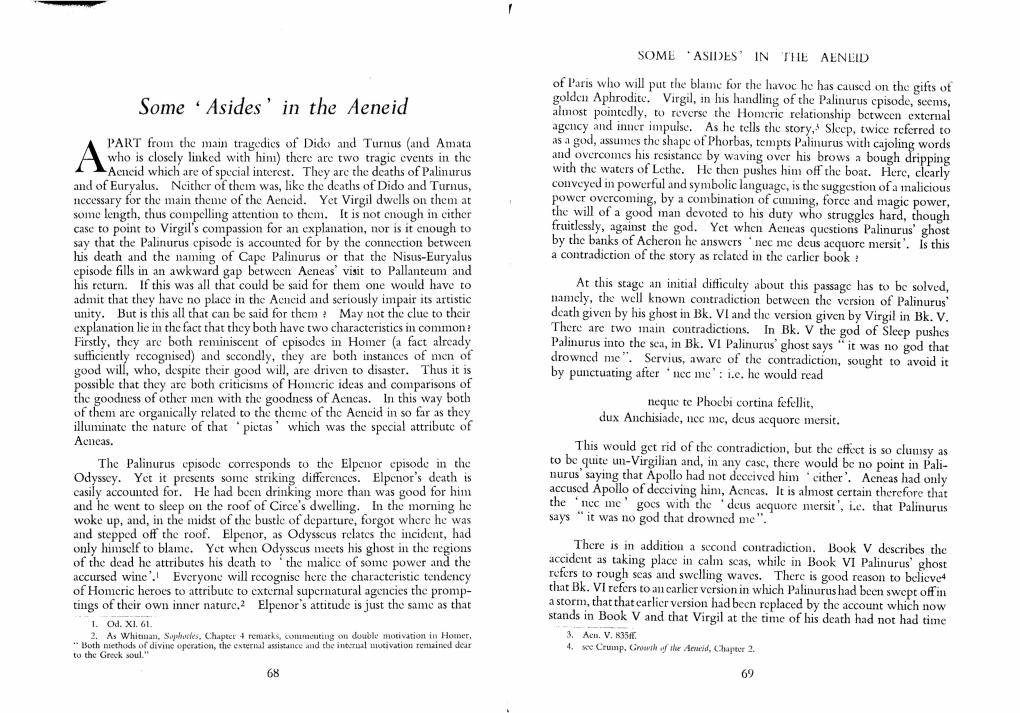 Some 'Asides' in the Aeneid Almost Pointedly, to Reverse the Homeric Relationship Between External Agency and Inner Impulse