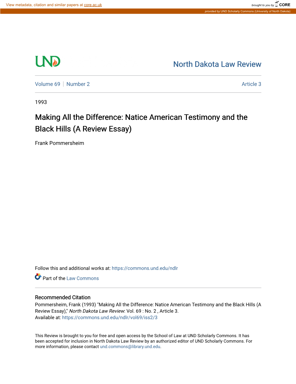 Natice American Testimony and the Black Hills (A Review Essay)
