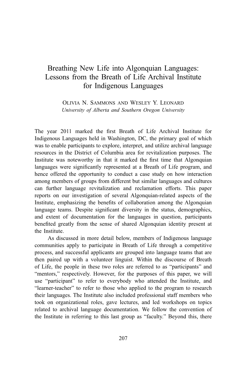 Breathing New Life Into Algonquian Languages: Lessons from the Breath of Life Archival Institute for Indigenous Languages